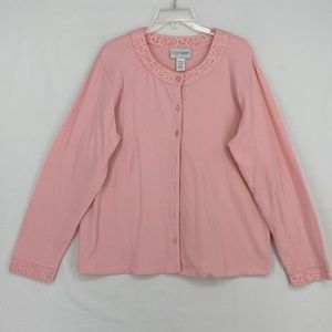 Sport Savvy Knit Cardigan Pink Lace Trim Long Slv
